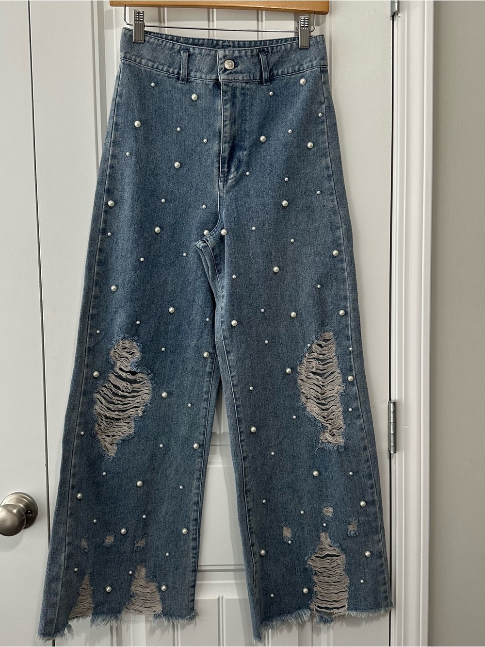 Talula Blue Pearl-Embellished Distressed Wide-Leg Jeans